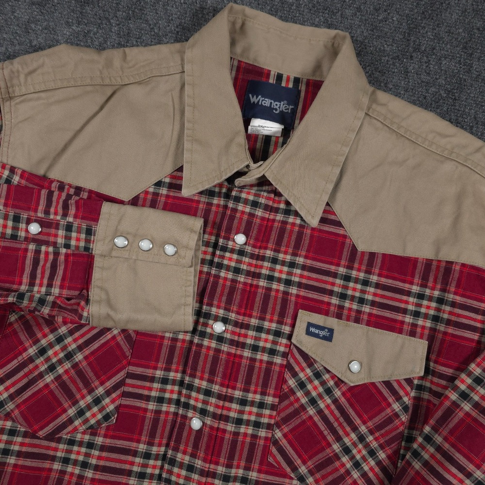 Wrangler Brush Popper Shirt Mens 2X Red Plaid Pearl Snap Gaucho Cowboy Western
